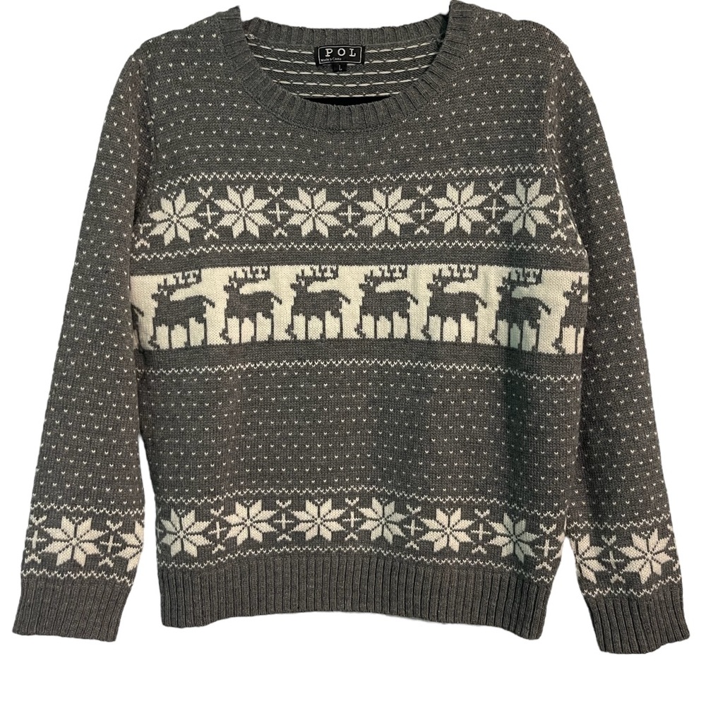 Pol Size Large Gray and White Reindeer Holiday Sweater